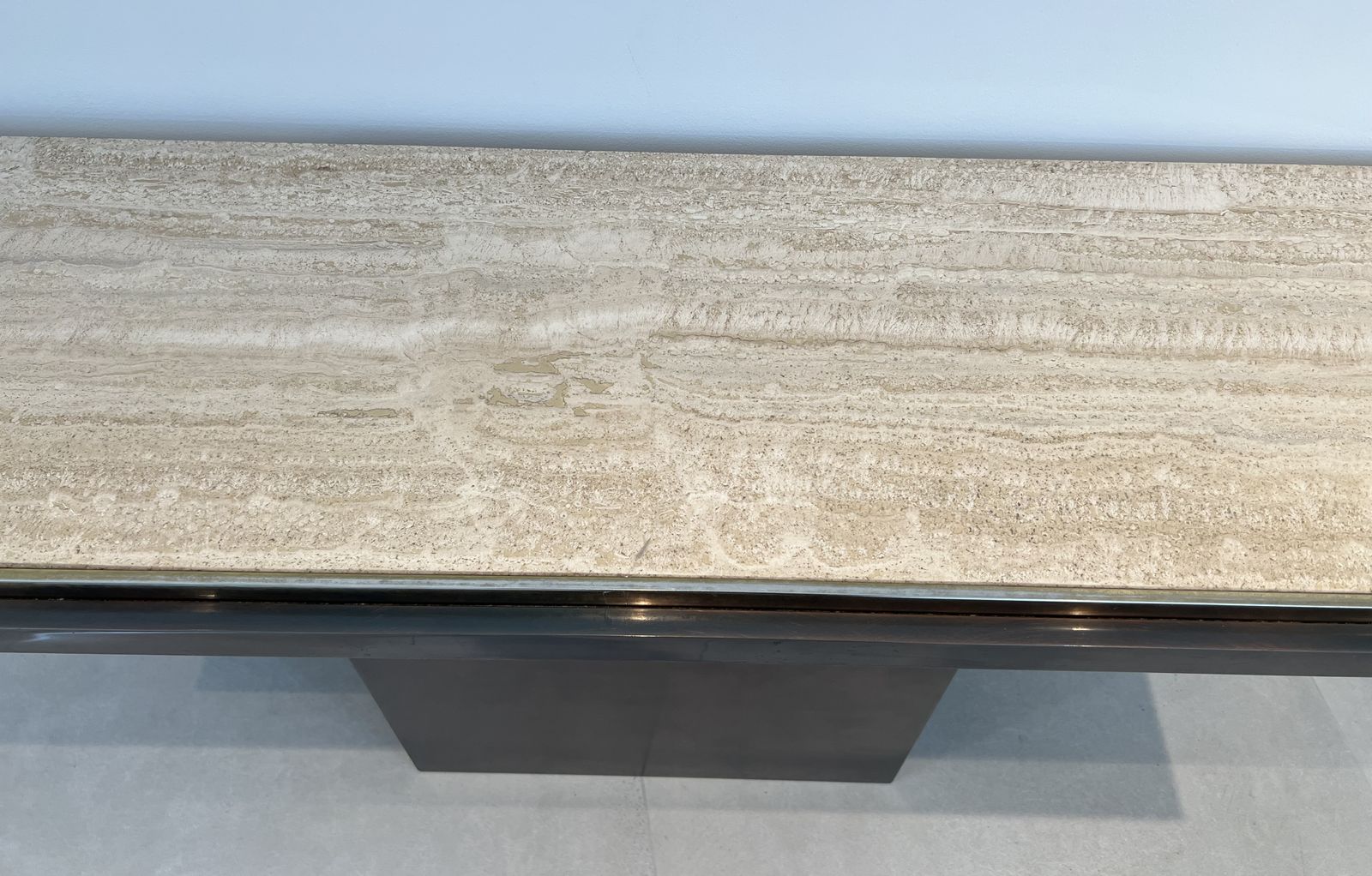 photo furniture Gunmetal Patina Console With Travertine Top. French Work. Circa 1970