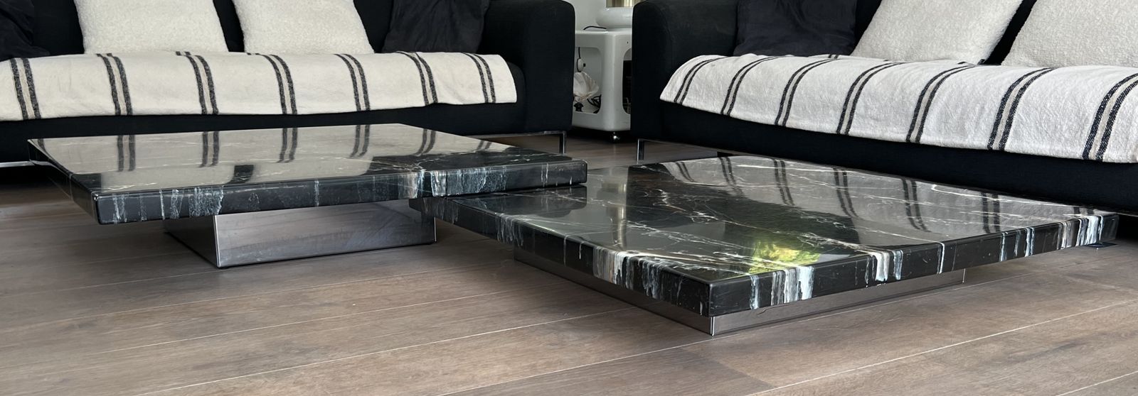 photo vinterior Coffee Table Composed Of Two Designer Faux Marble Tables Resting On Chrome Legs By Willy Rizzo
