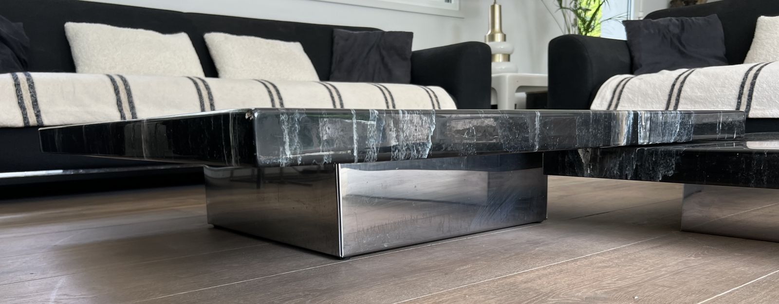 photo buy Coffee Table Composed Of Two Designer Faux Marble Tables Resting On Chrome Legs By Willy Rizzo