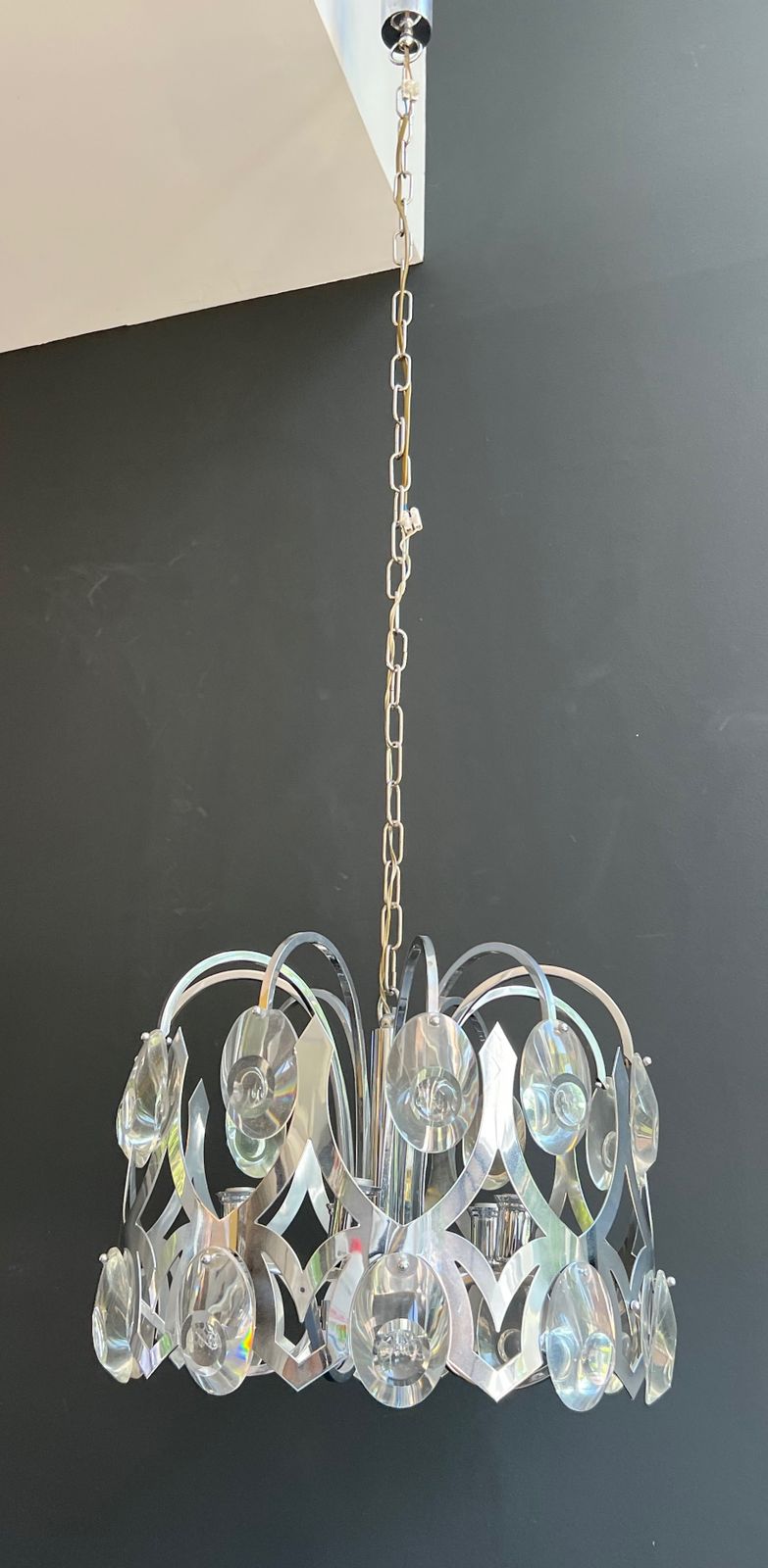 Chrome And Crystal Designer Chandelier By Angelo Gaetano Sciolari. Circa 1970 photo for sale