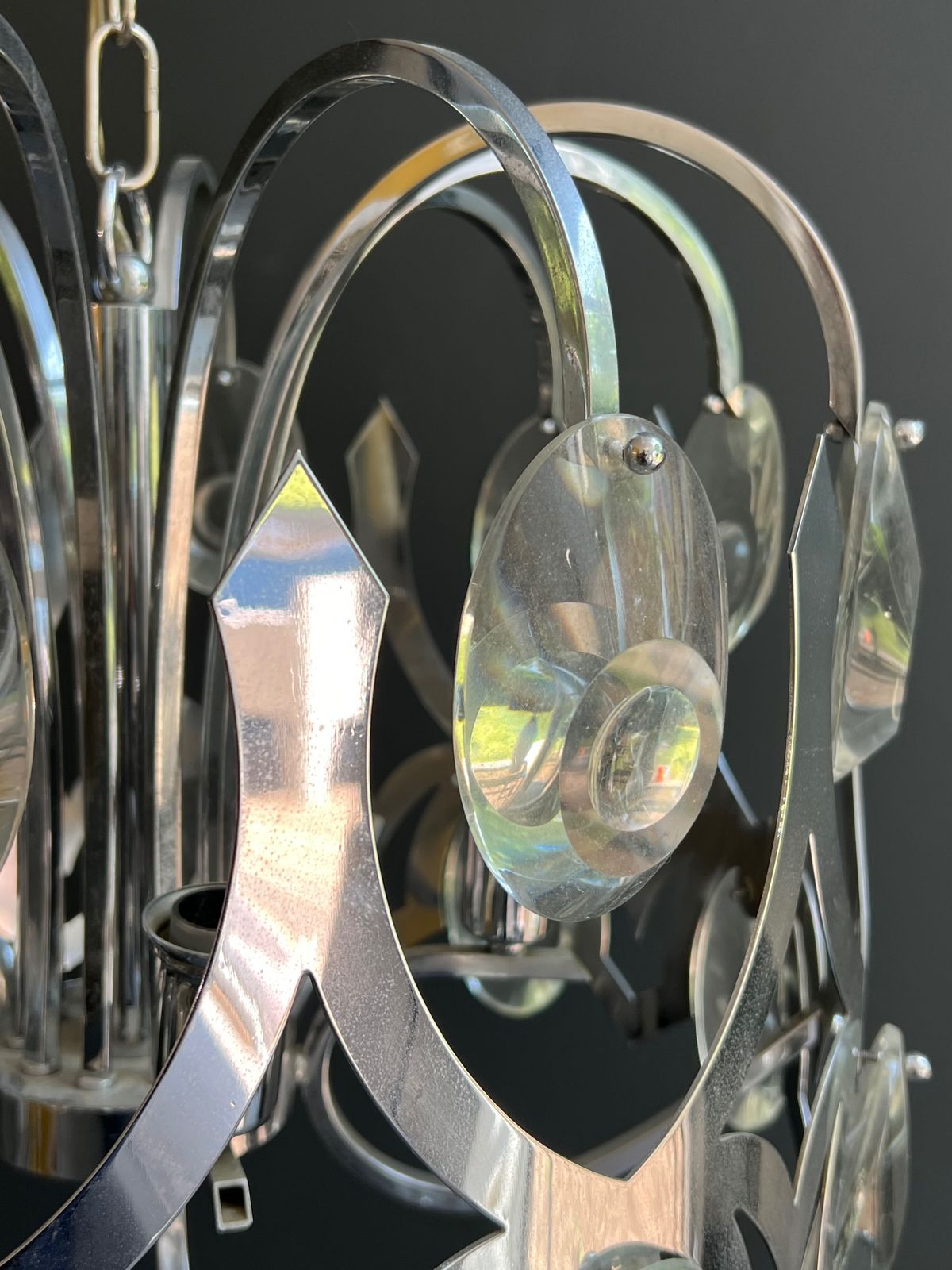 photo for sale Chrome And Crystal Designer Chandelier By Angelo Gaetano Sciolari. Circa 1970