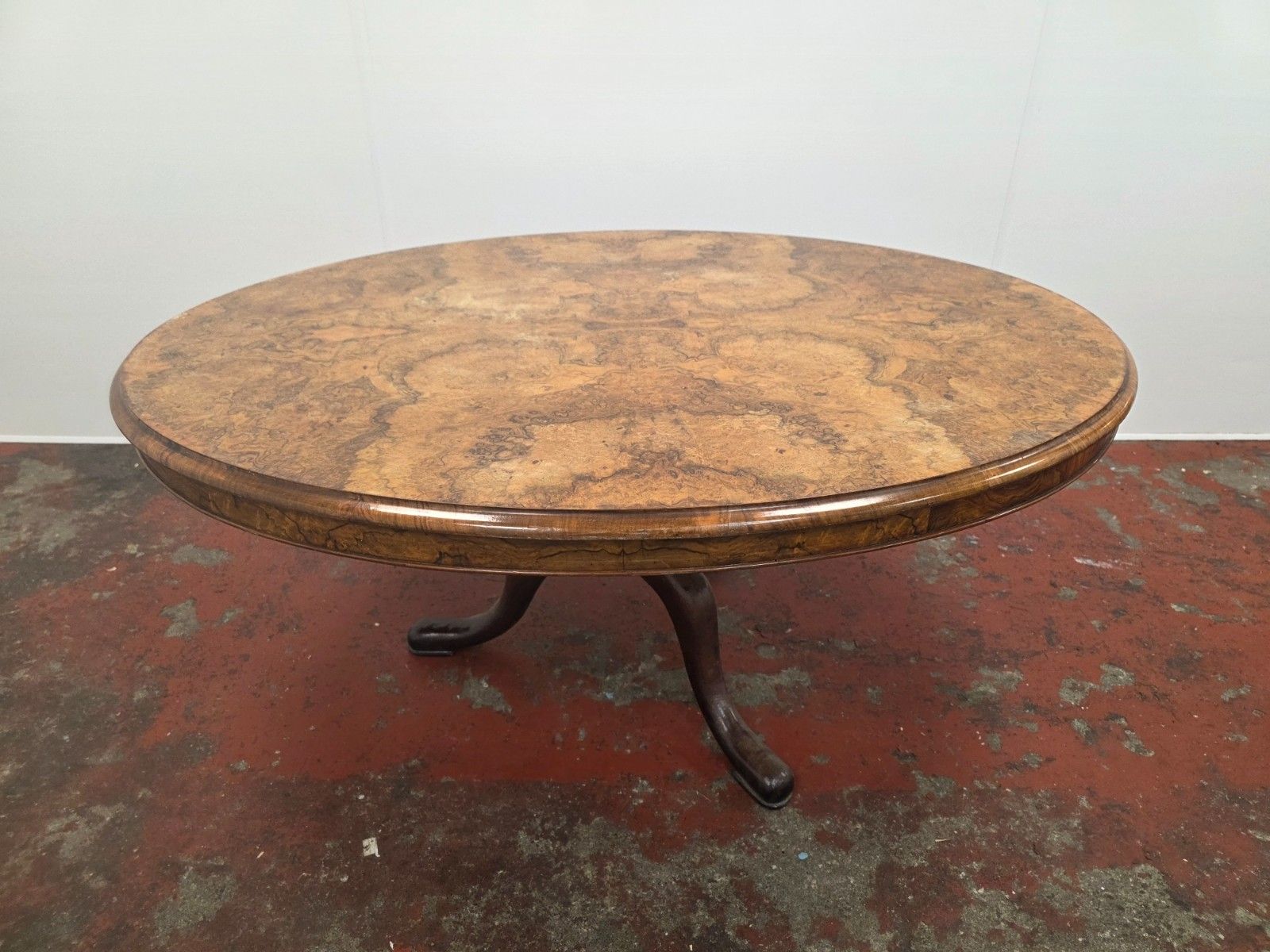 Victorian Burr Walnut Topped Coffee Table In A Modern Cast Iron Tripod Base photo furniture