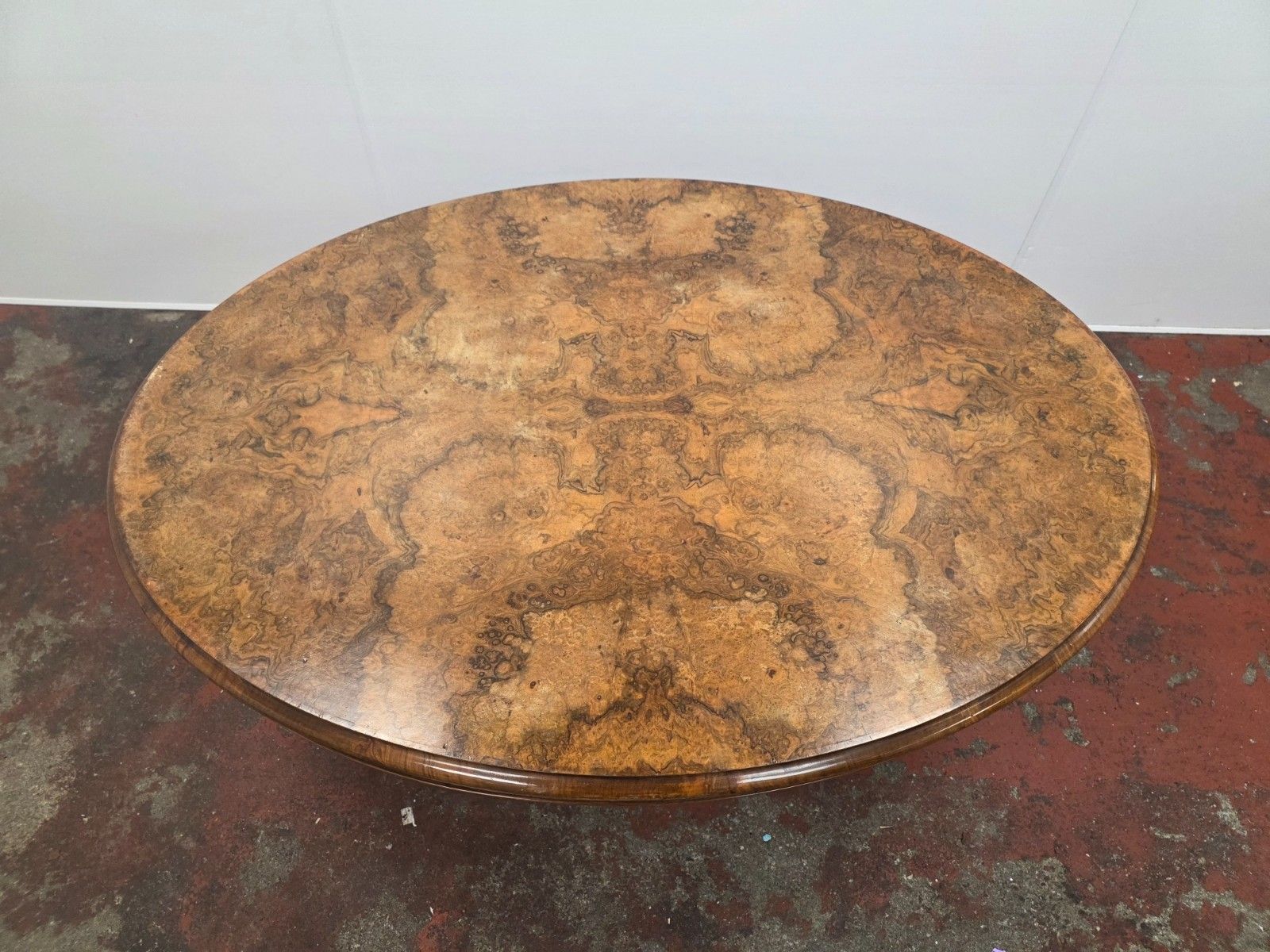 Victorian Burr Walnut Topped Coffee Table In A Modern Cast Iron Tripod Base photo for sale