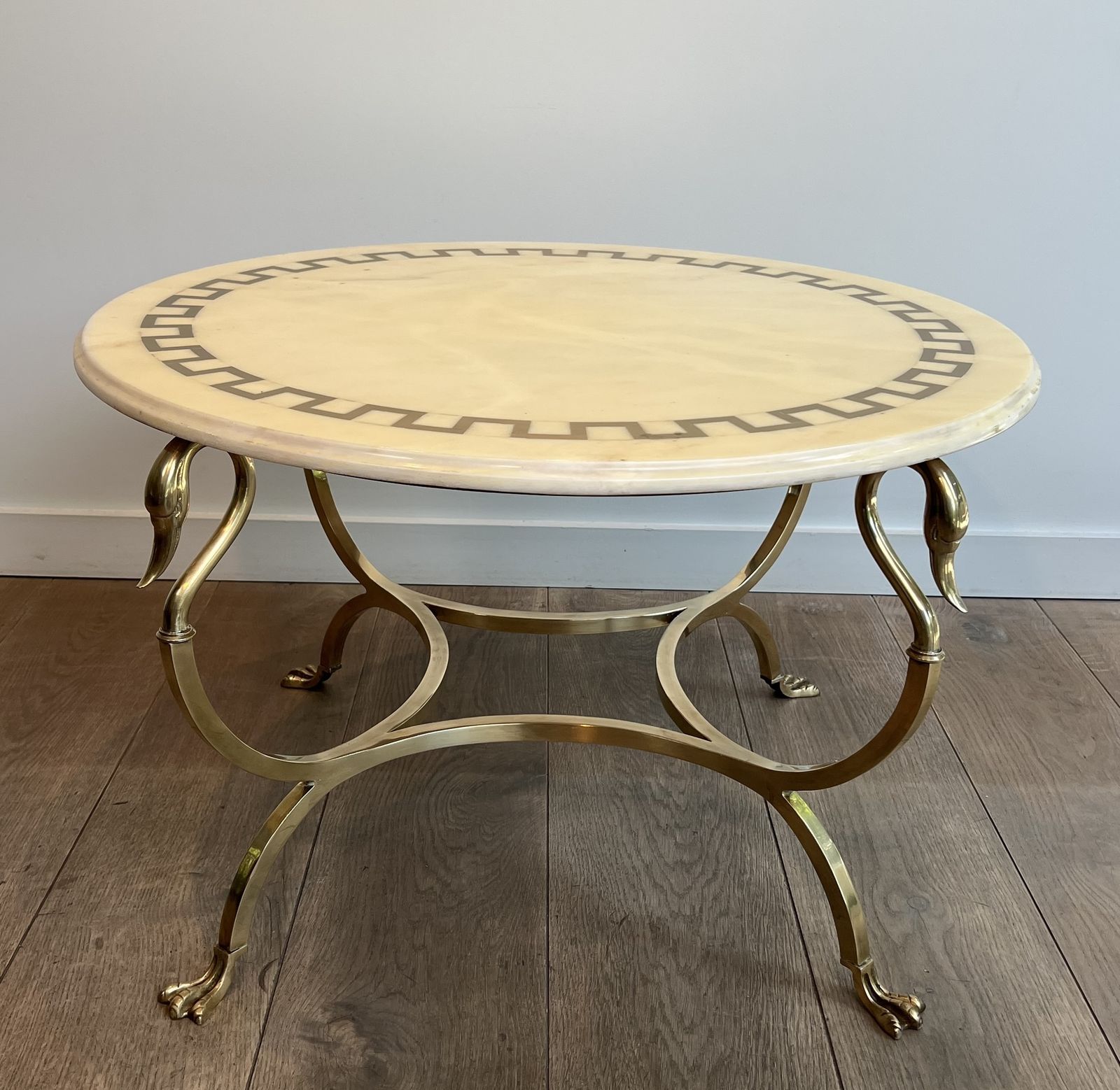 Neoclassical Style Round Brass Coffee Table With Swan Necks And Legs And Brass Inlaid Marble Top From Maison Jansen photo furniture