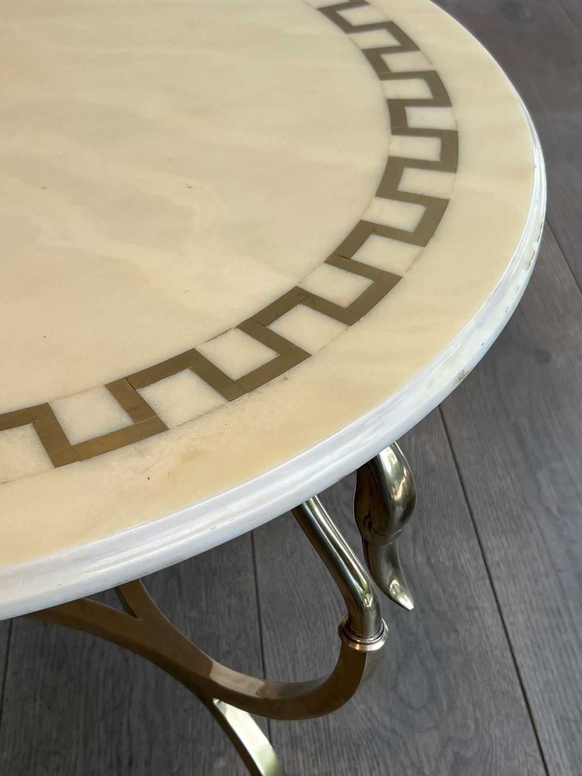 Neoclassical Style Round Brass Coffee Table With Swan Necks And Legs And Brass Inlaid Marble Top From Maison Jansen photo vinterior