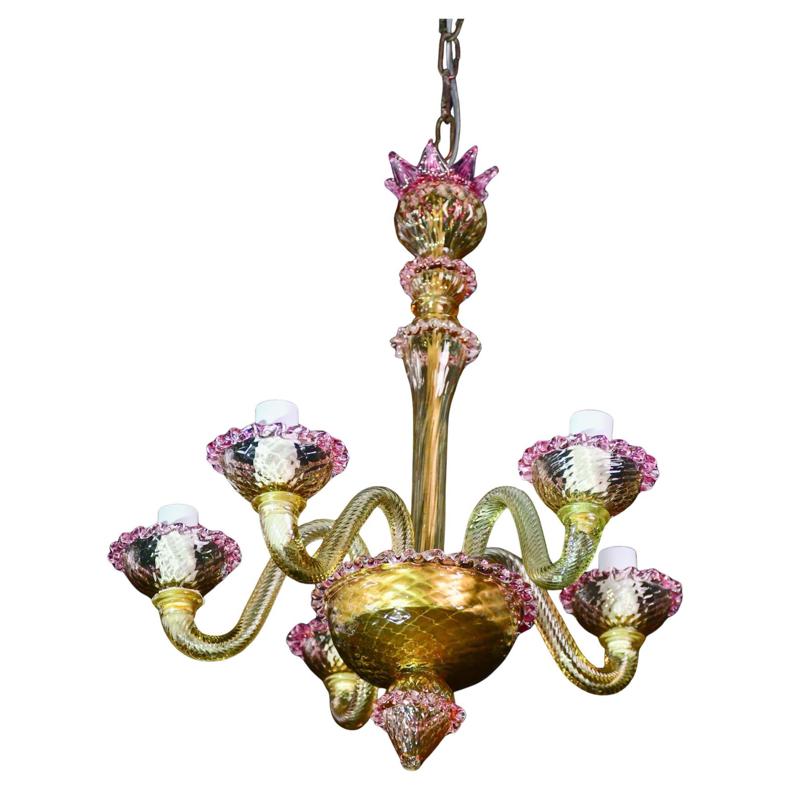 Pretty Venetian Chandelier, Pink And Gold Glass, 1950s