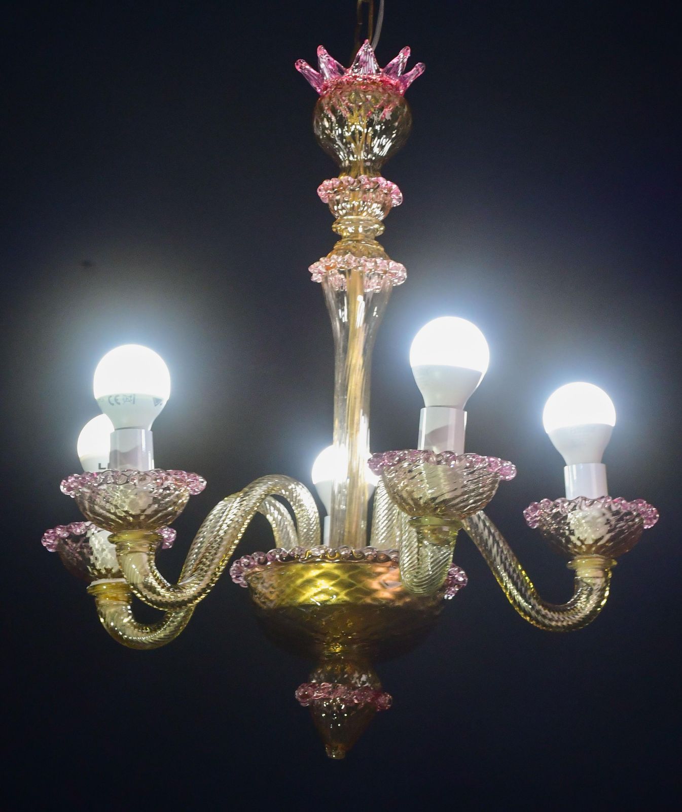 Pretty Venetian Chandelier, Pink And Gold Glass, 1950s photo for sale
