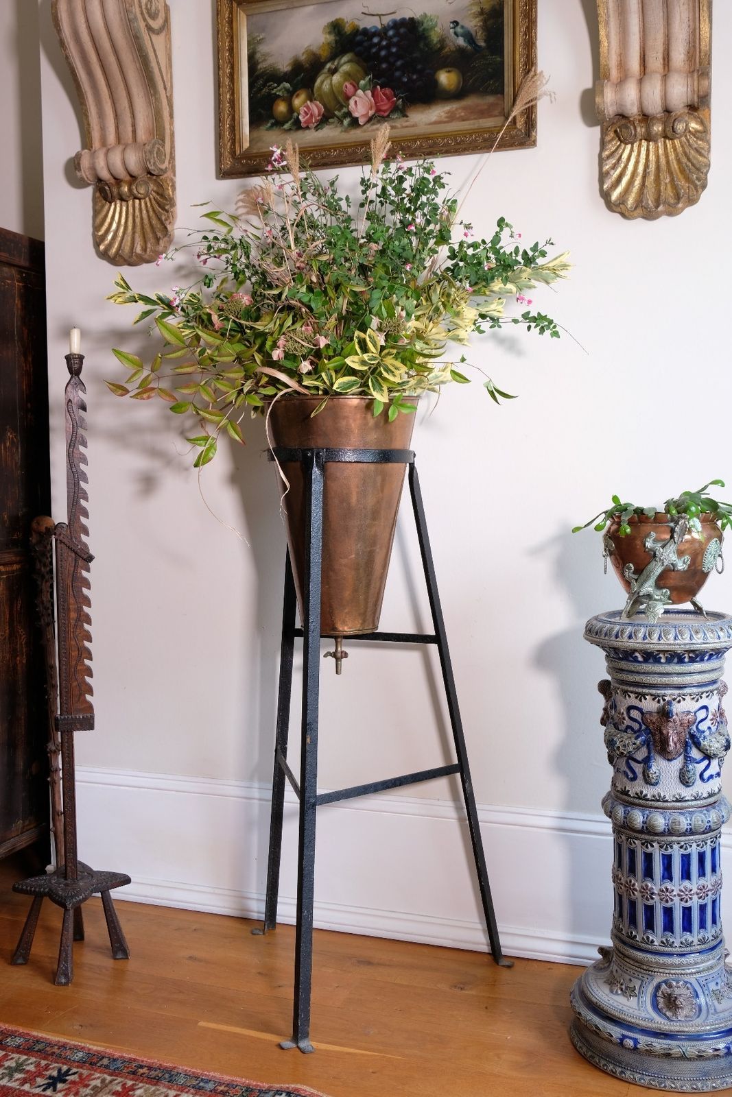 photo vintage Large Copper Conical Planter On Cast Iron Stand Antique