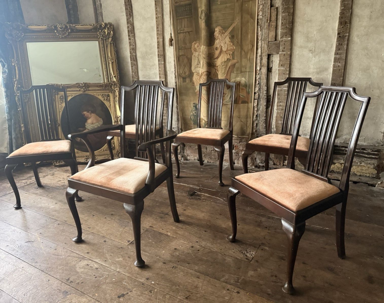 High Quality Antique Dining Pink Velvet Drop In Seats Chairs Waring And Gillow photo Furniture