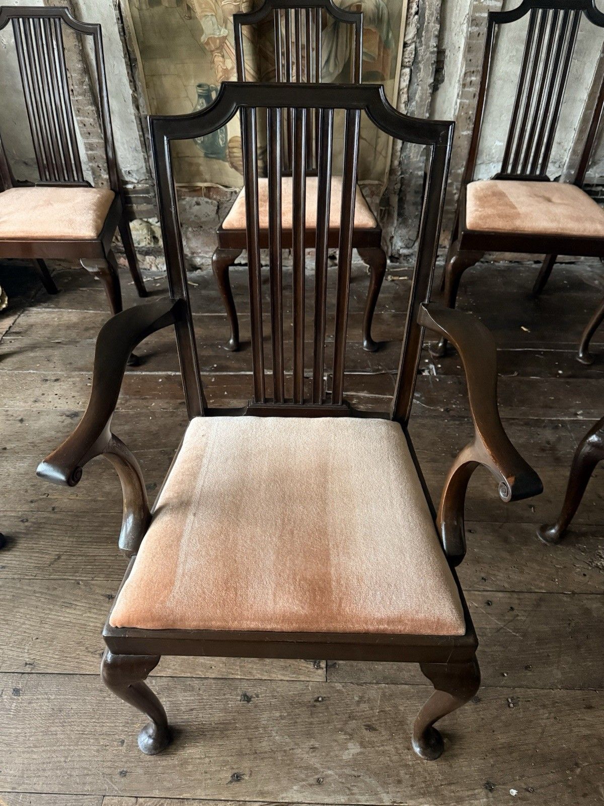 High Quality Antique Dining Pink Velvet Drop In Seats Chairs Waring And Gillow photo vintage