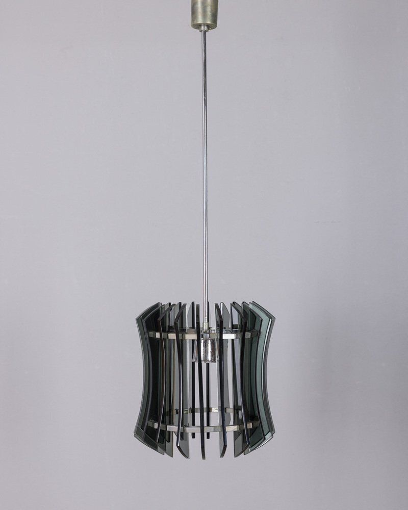 Vintage Metal And Smoke Glass Pendant By Veca, 1960s photo for sale