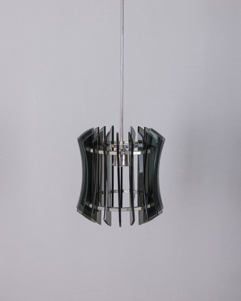 Vintage Metal And Smoke Glass Pendant By Veca, 1960s photo Lighting