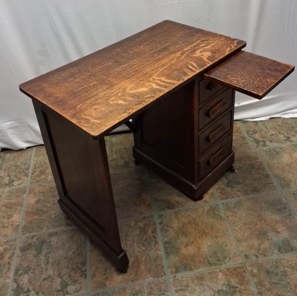 Antique Oak Childs Writing Desk With Knee Hole On Casters Lots Of Patina photo for sale