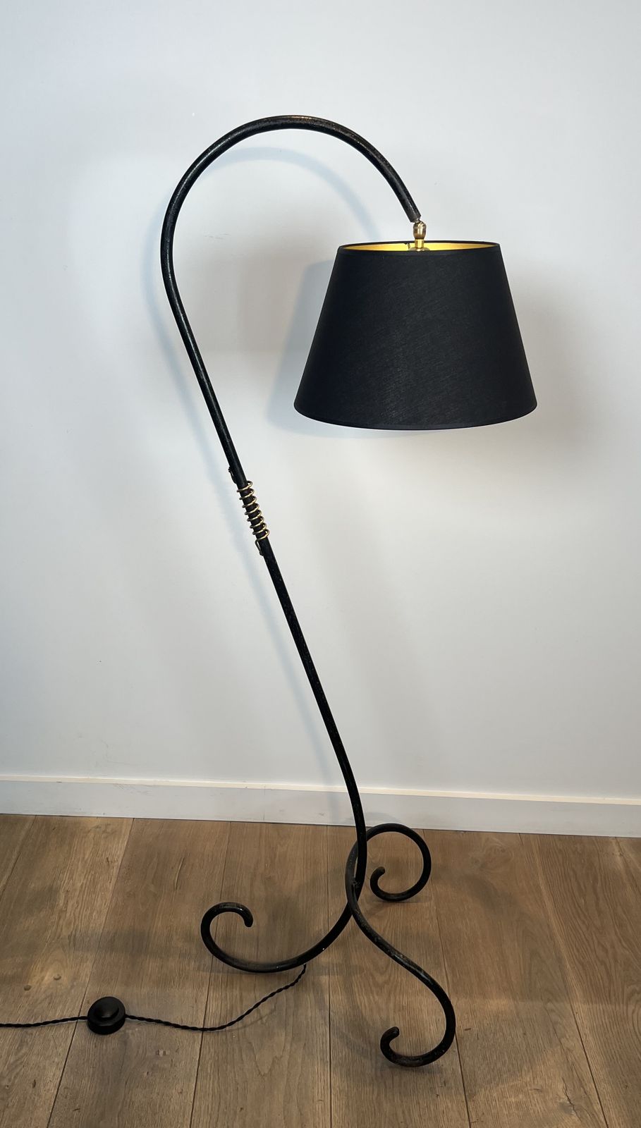 Designer Parquet Floor Lamp In Black Lacquered Metal And Brass In The Style Of Jean Royère photo furniture