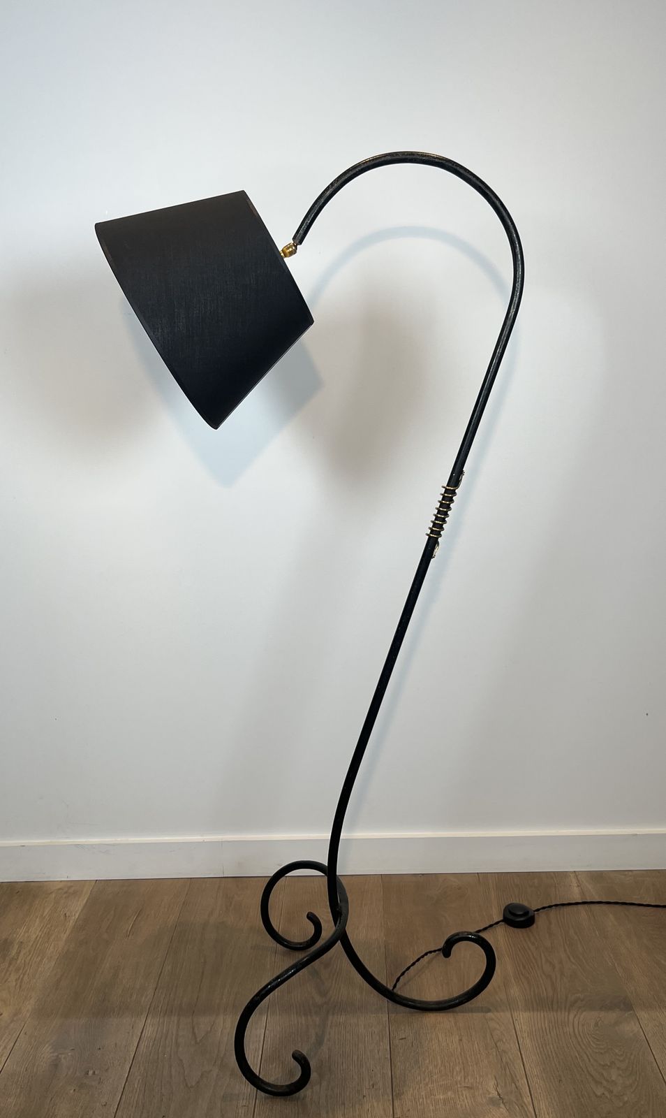 photo for sale Designer Parquet Floor Lamp In Black Lacquered Metal And Brass In The Style Of Jean Royère