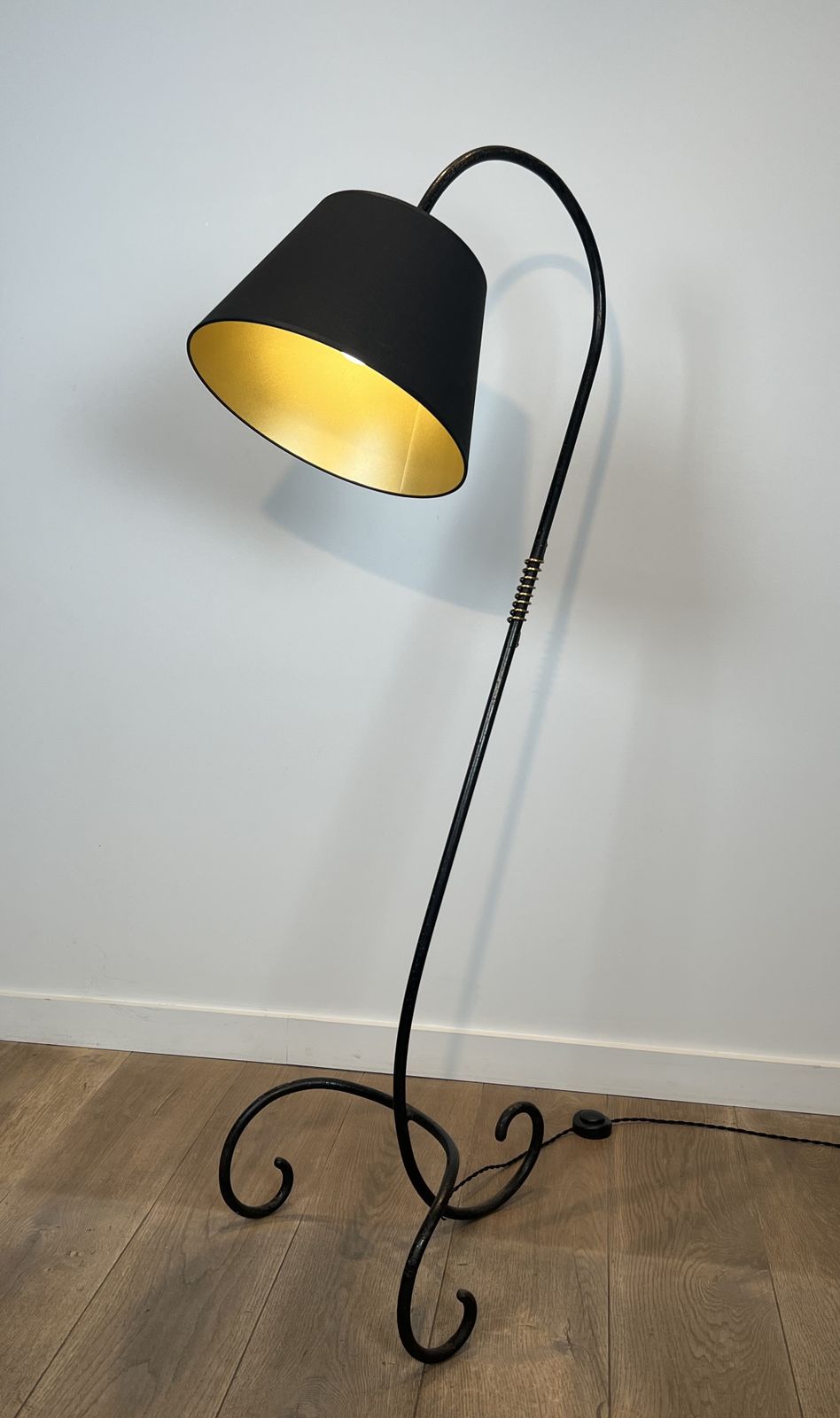 2950.0 Designer Parquet Floor Lamp In Black Lacquered Metal And Brass In The Style Of Jean Royère photo