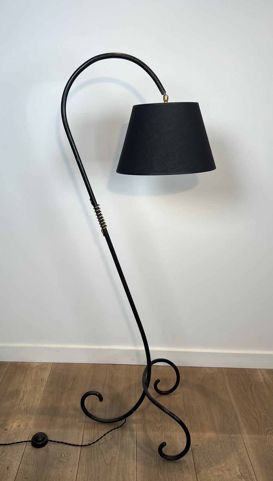 photo buy Designer Parquet Floor Lamp In Black Lacquered Metal And Brass In The Style Of Jean Royère