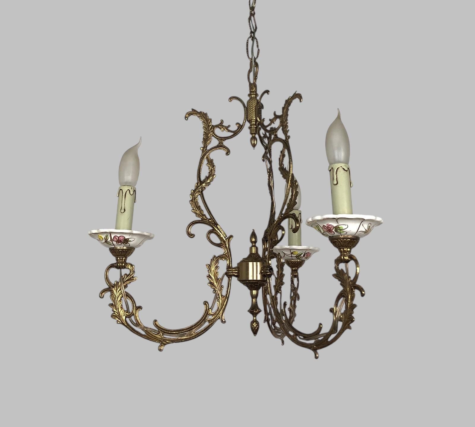 Gilt Bronze & Porcelain Chandelier With Matching Wall Lights photo vintage