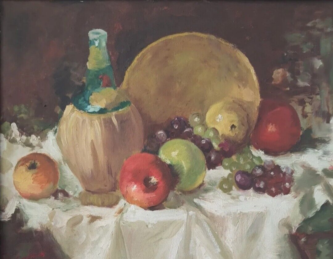 Antique Impressionist Fruit Still Life — Original 20th Century Oil Painting photo furniture
