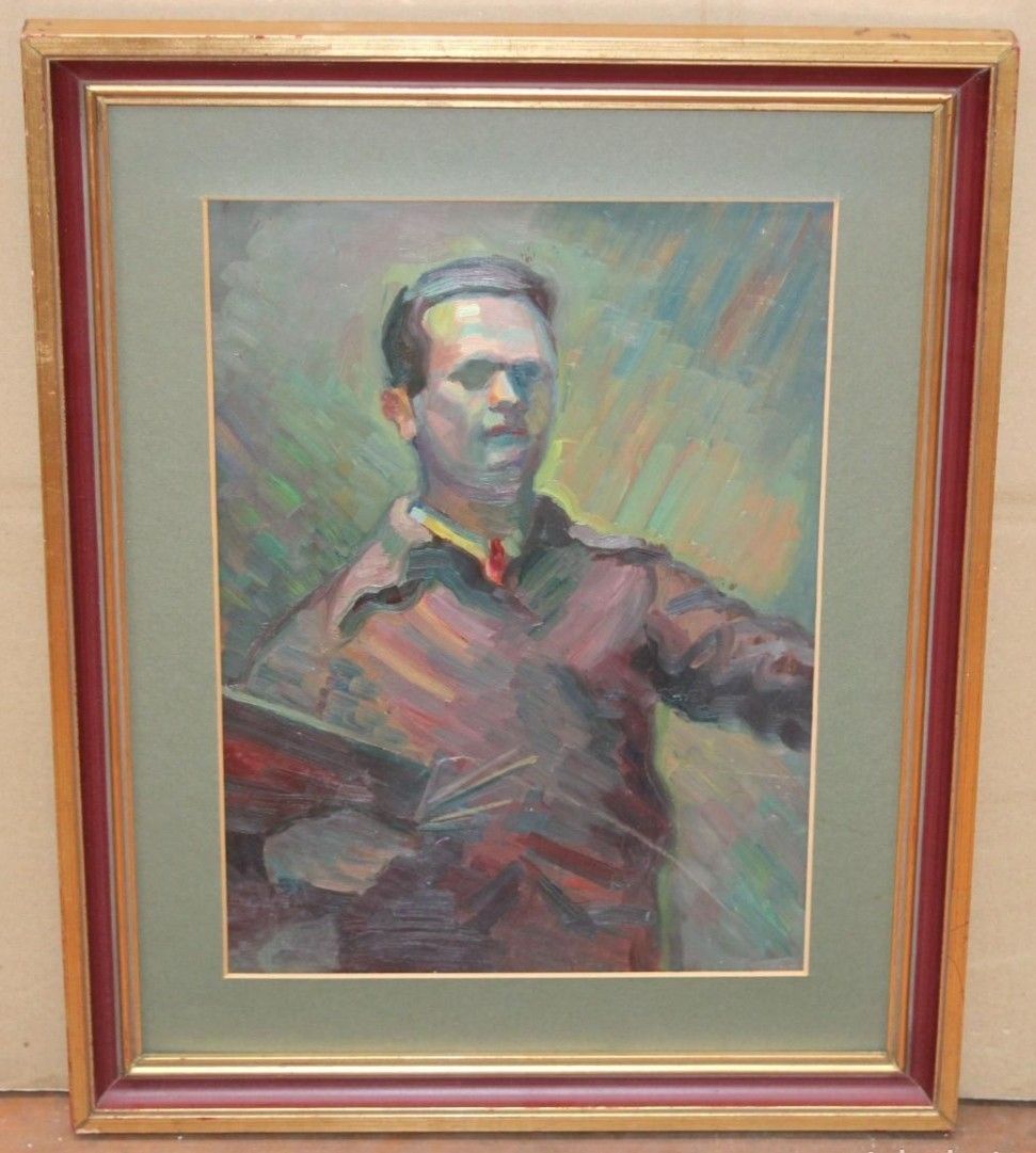 Original 20th Century Impressionist Oil Painting – Male Portrait photo furniture
