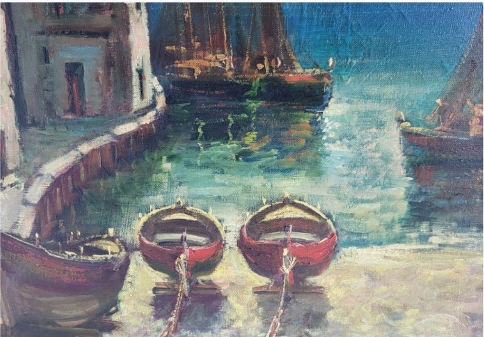 Oil Painting Seascape Boats Impressionist 20th Century photo 4200.0