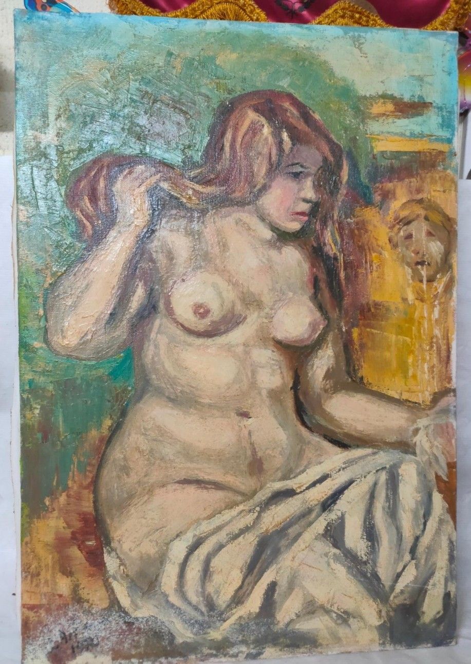 Antique Oil Painting Portrait Nude Woman Impressionist 20th Century