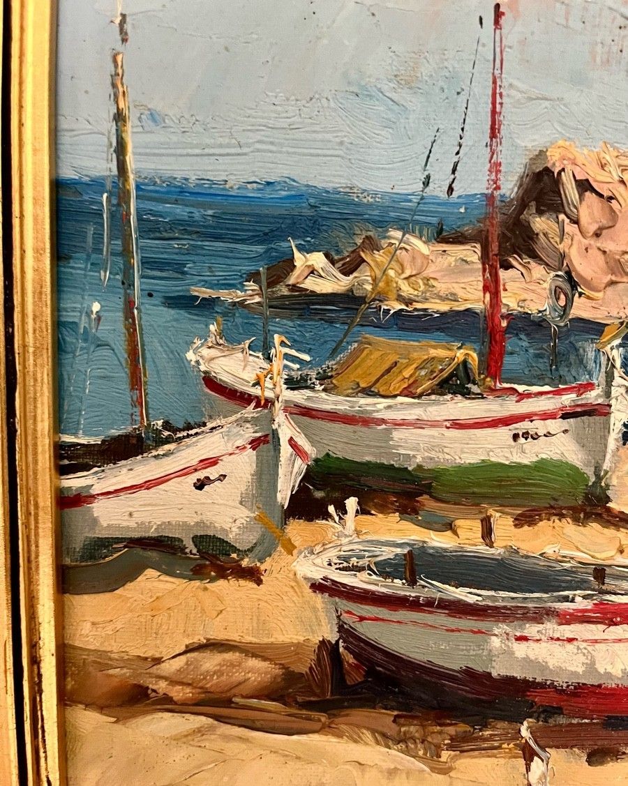 Antique Oil Painting Seascape Impressionist Boats 20th Century photo 5200.0
