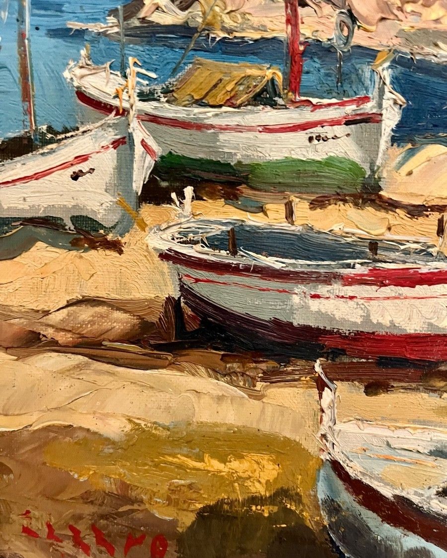 Antique Oil Painting Seascape Impressionist Boats 20th Century photo vinterior