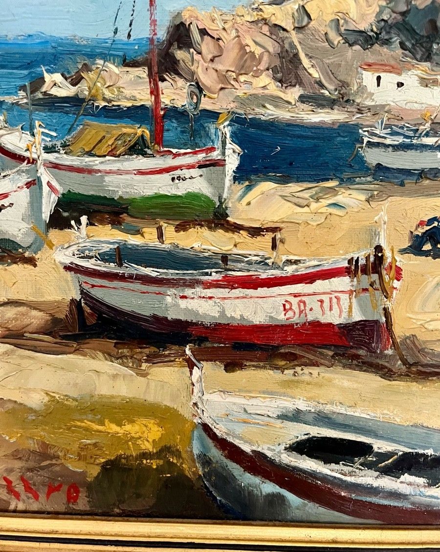 photo furniture Antique Oil Painting Seascape Impressionist Boats 20th Century