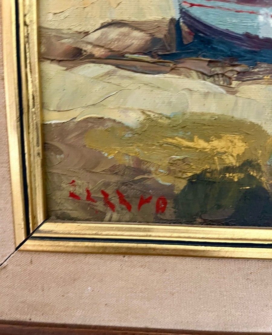 photo for sale Antique Oil Painting Seascape Impressionist Boats 20th Century