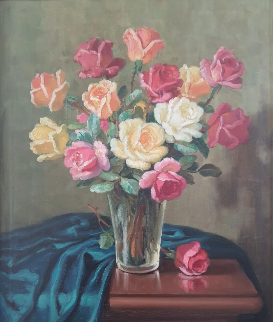 “Roses Bouquet,” Fine Antique Impressionist Oil On Canvas, 20th Century.