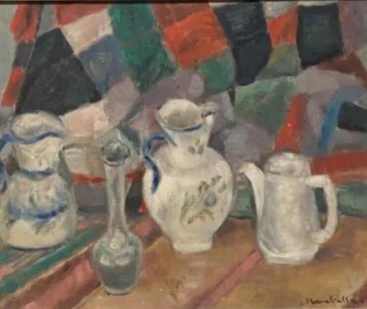 Antique Impressionist Still Life Oil Painting Cups 20th Century