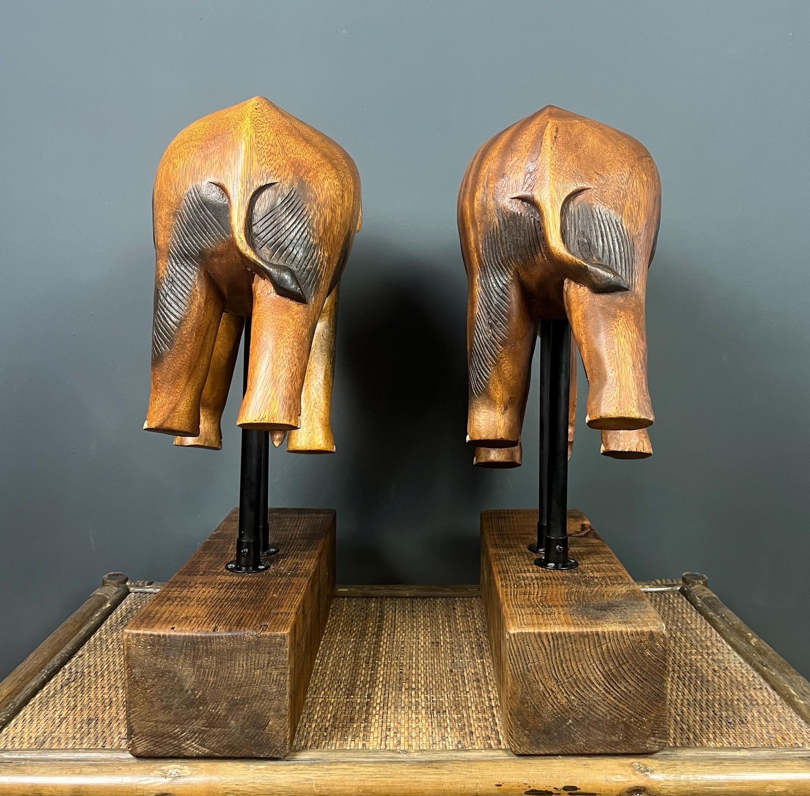 Pair Large Antique Early 20th Century Rosewood Asian Elephants On Stylish Stands photo Art