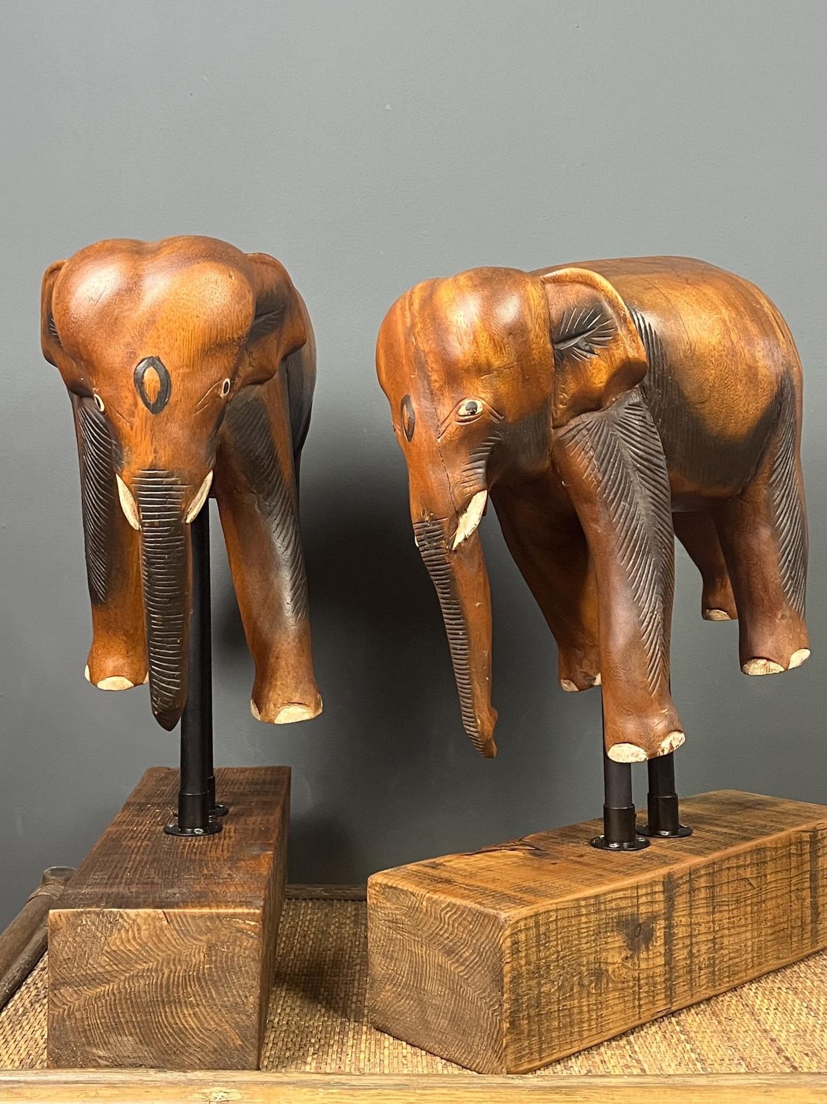 Pair Large Antique Early 20th Century Rosewood Asian Elephants On Stylish Stands photo vinterior
