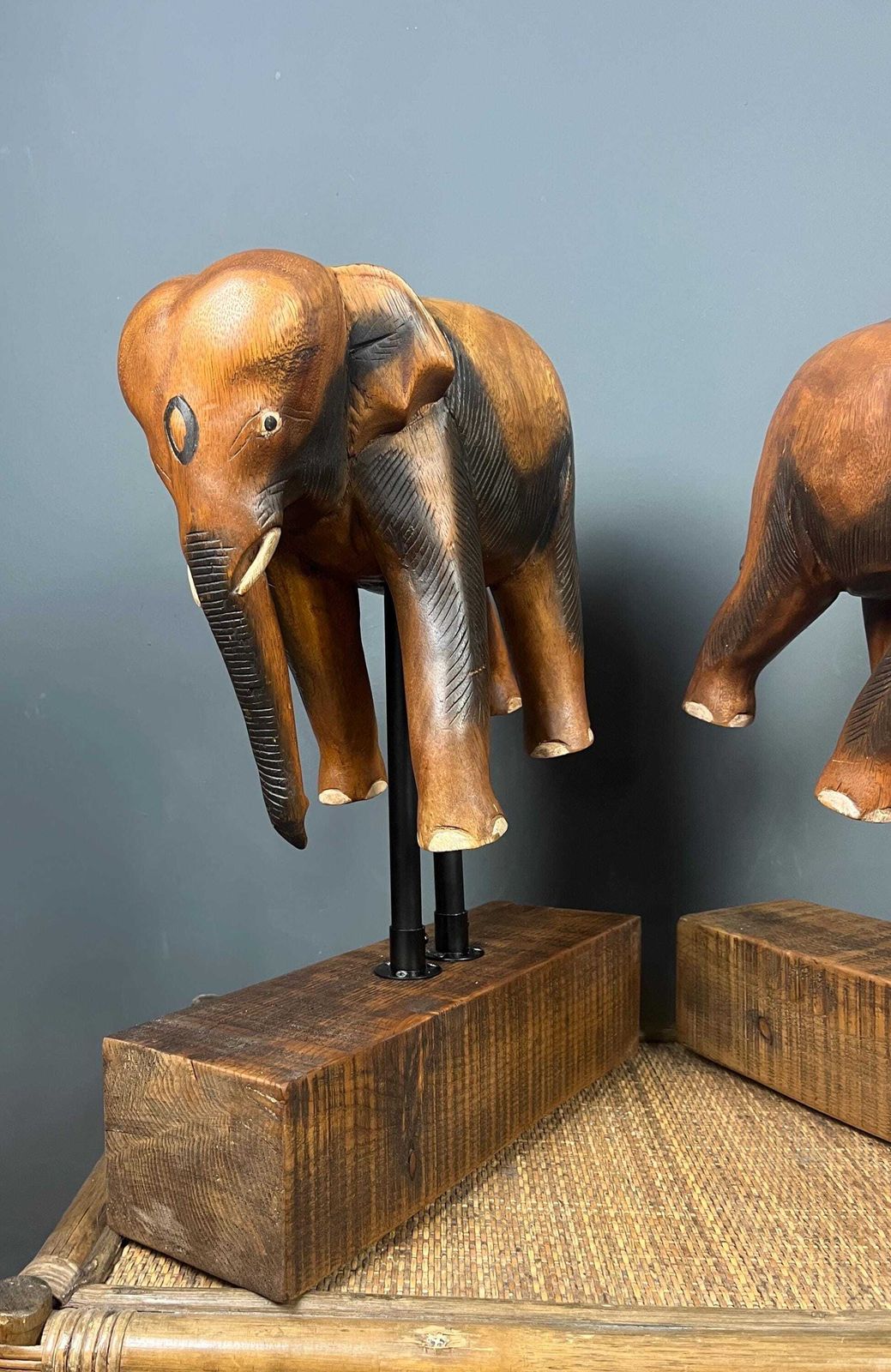 Pair Large Antique Early 20th Century Rosewood Asian Elephants On Stylish Stands photo vintage