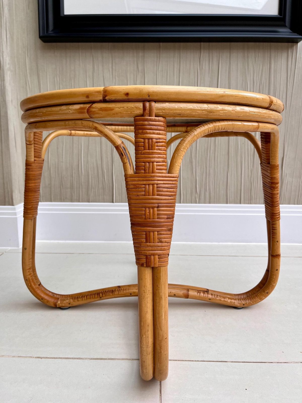 Angraves Bamboo & Textured Glass Coffee Table — 1970s British Cane Design photo vintage