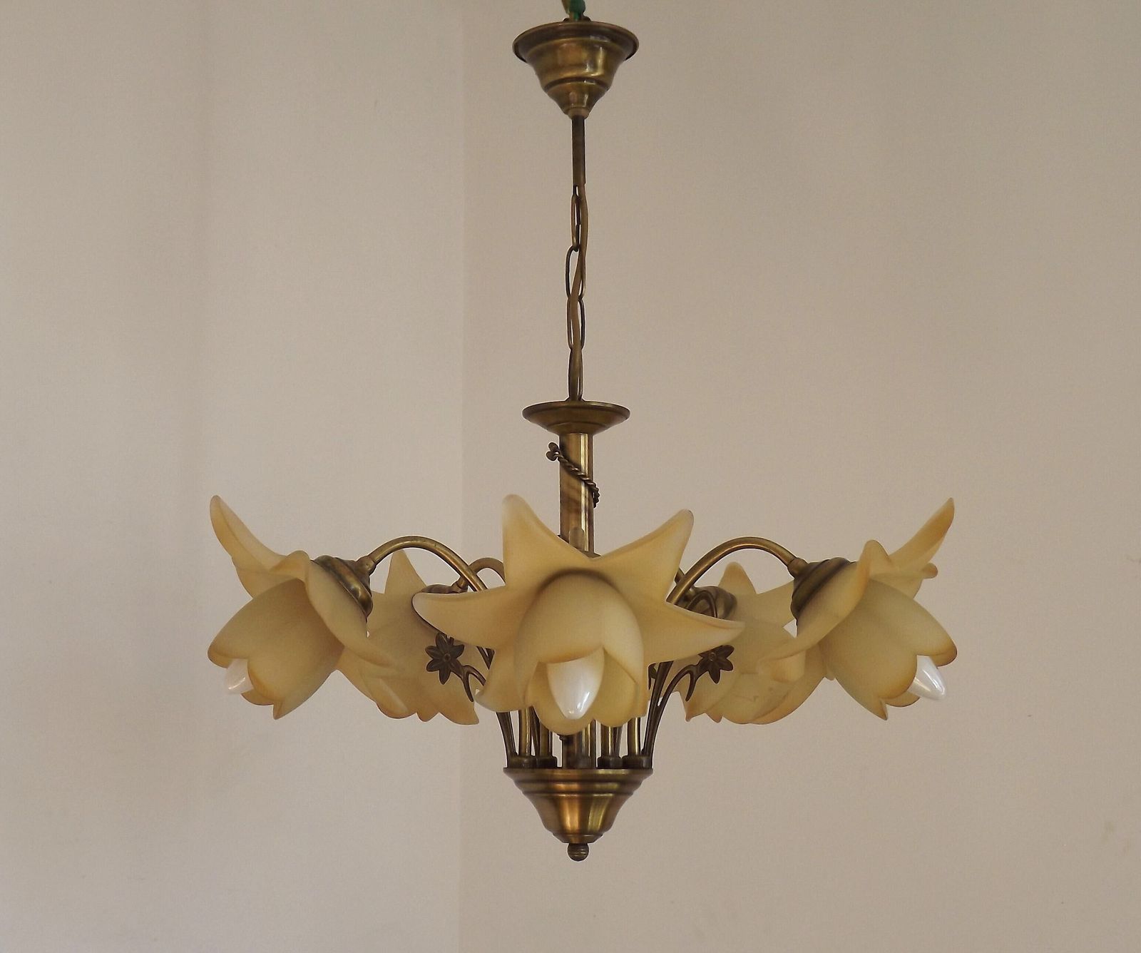 French Vintage 5 Light Bronze Effect Metal Chandelier Pretty Glass Flower Shades photo for sale