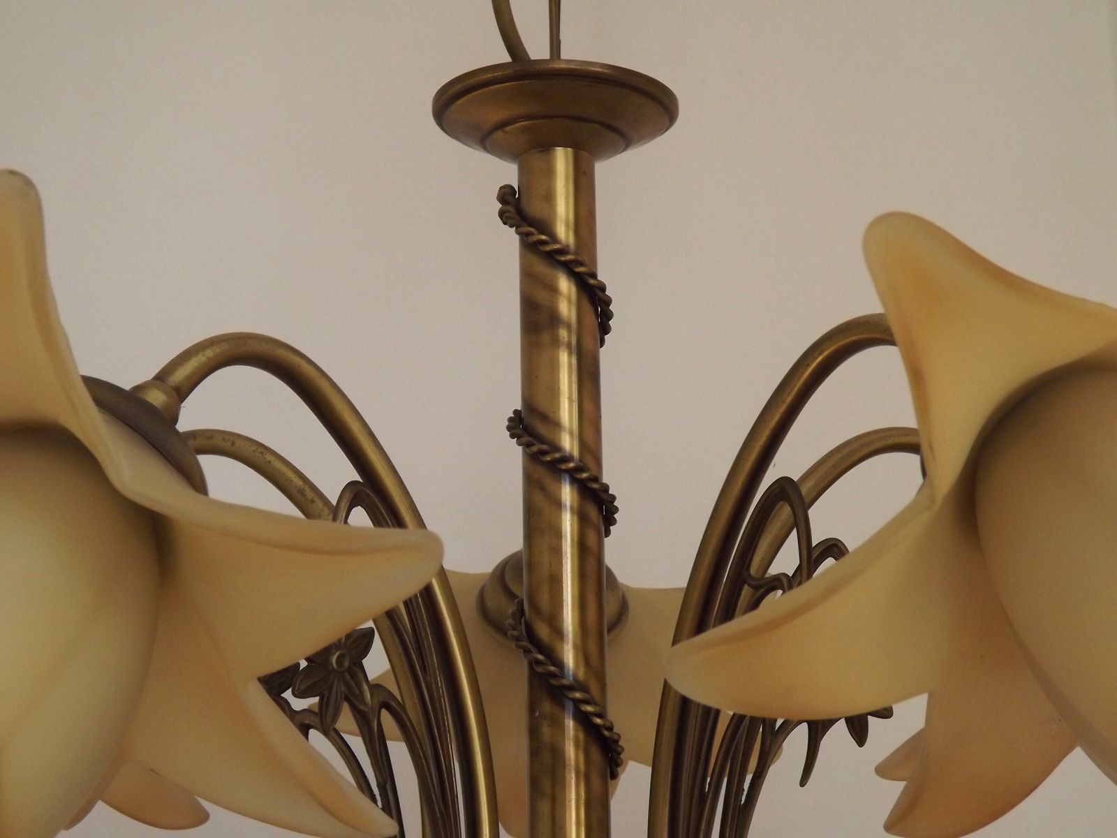 French Vintage 5 Light Bronze Effect Metal Chandelier Pretty Glass Flower Shades photo vinterior