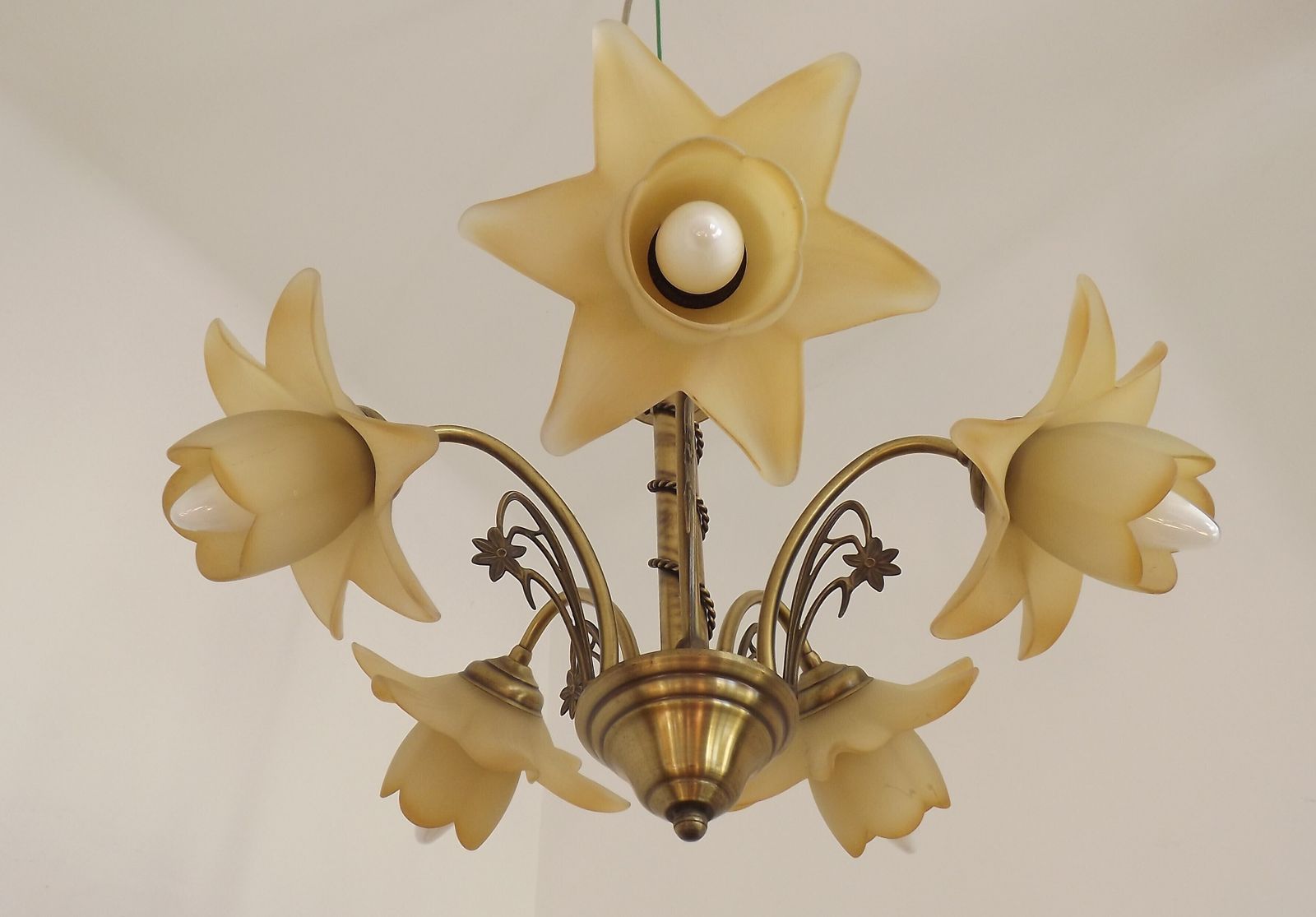 French Vintage 5 Light Bronze Effect Metal Chandelier Pretty Glass Flower Shades photo buy