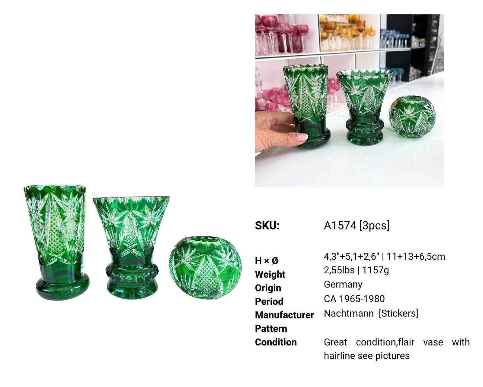 Emerald Cut Crystal Vases | 3pcs | Nachtmann | 1965 photo for sale