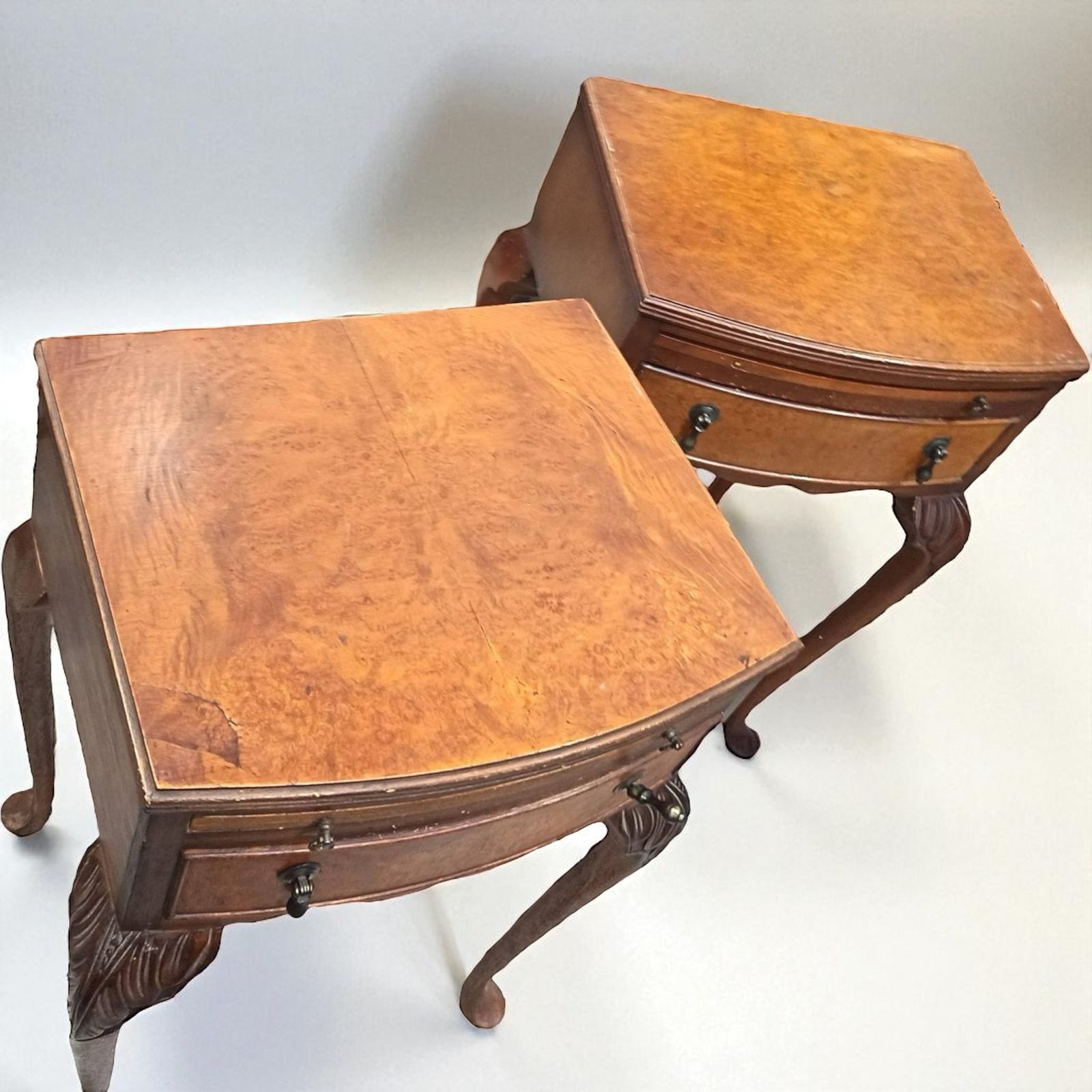 Pair Of Antique Burr Walnut Bedside Tables 1930s Queen Anne photo 650.0