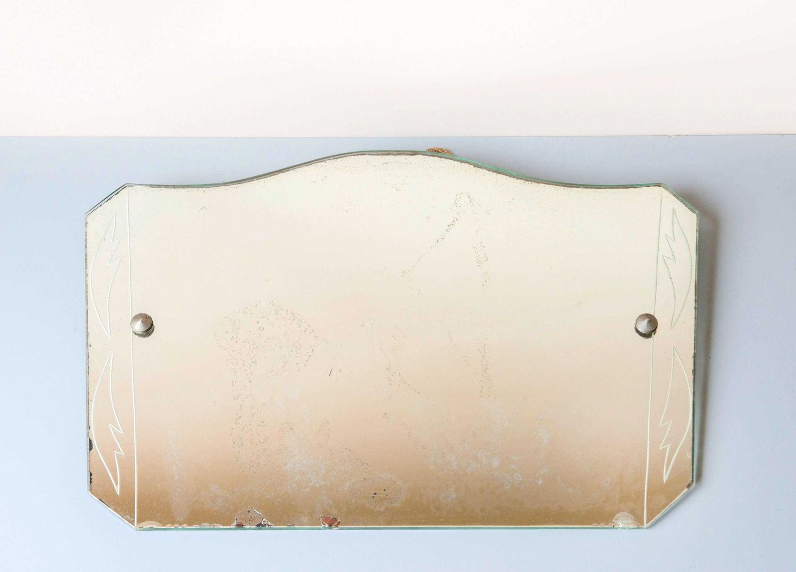 photo for sale Art Deco Frameless Mirror, Antique Wall Mirror With Hanging Cord, Made In England, Etched Mirror With Facet Cut Glass