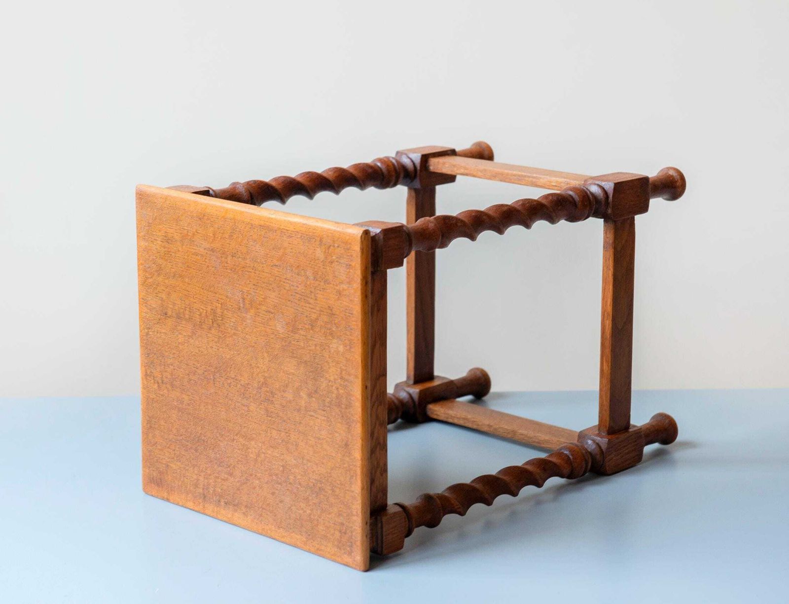 photo furniture Square Barley Twist Table, Antique Side Table With Turned Legs, Hand Carved Wooden Stool, Rustic Oak Plant Stand