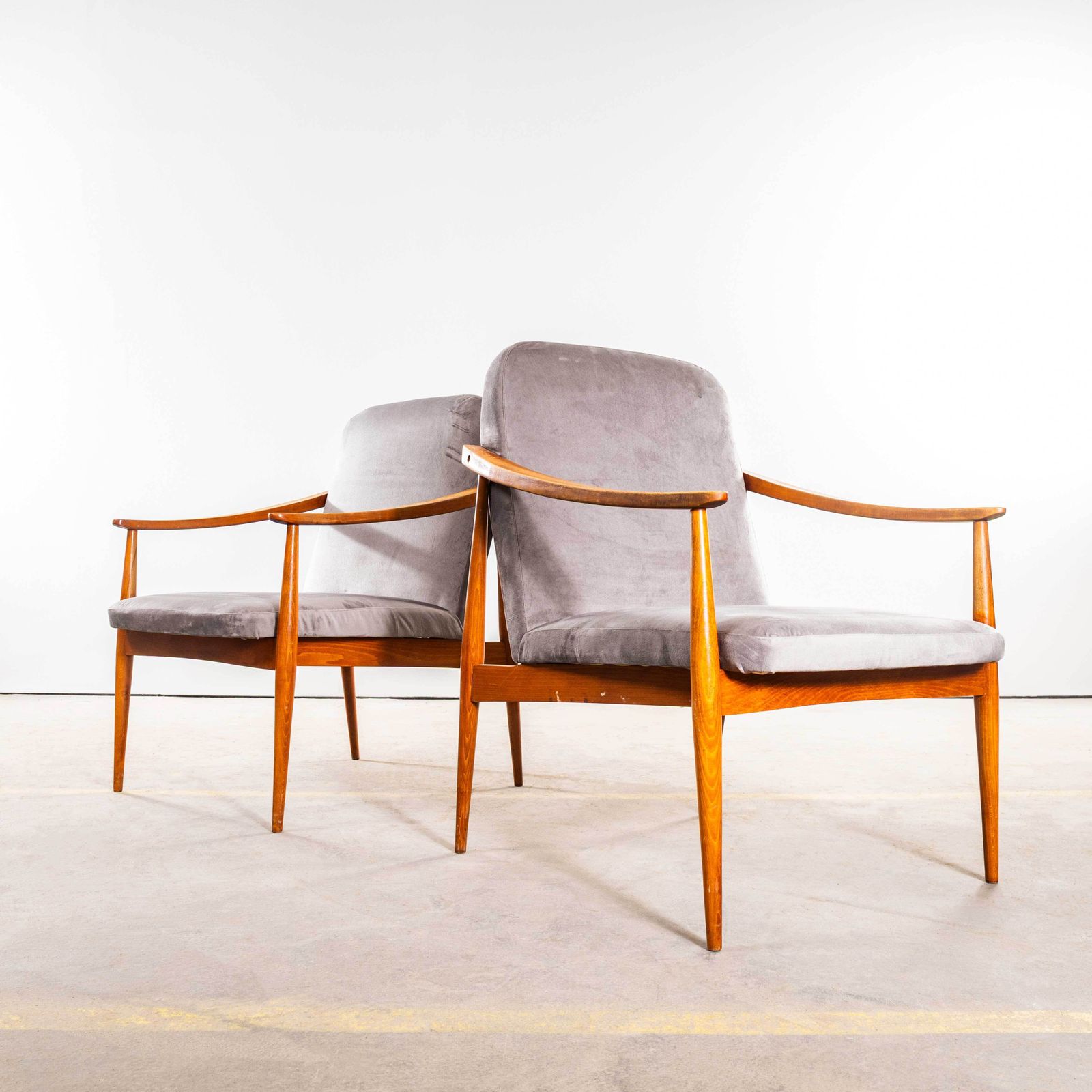 1950’s Mid Century Upholstered Light Grey Armchairs With Straight Arms And Top Caps photo furniture