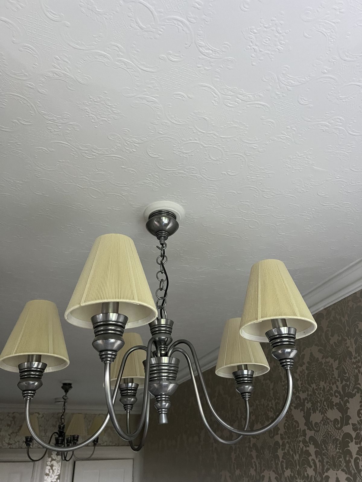 David Hunt Doreen, A Pair Of 5 Light Pewter Chandeliers With Seamist Gold String Shade photo furniture