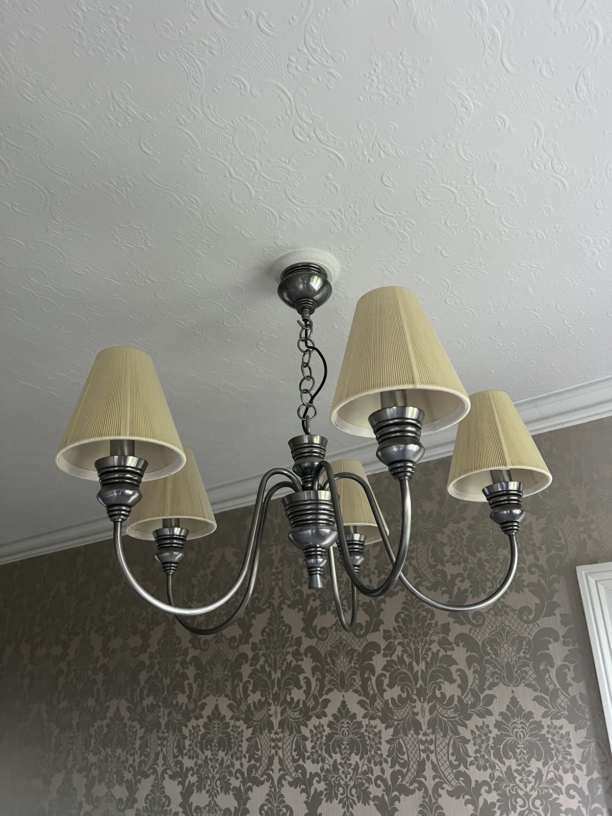David Hunt Doreen, A Pair Of 5 Light Pewter Chandeliers With Seamist Gold String Shade photo Lighting