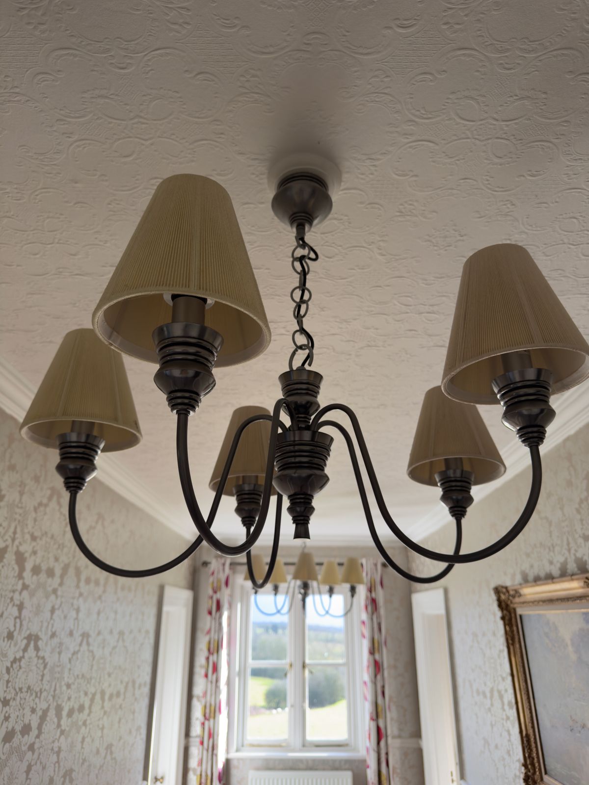 David Hunt Doreen, A Pair Of 5 Light Pewter Chandeliers With Seamist Gold String Shade photo buy