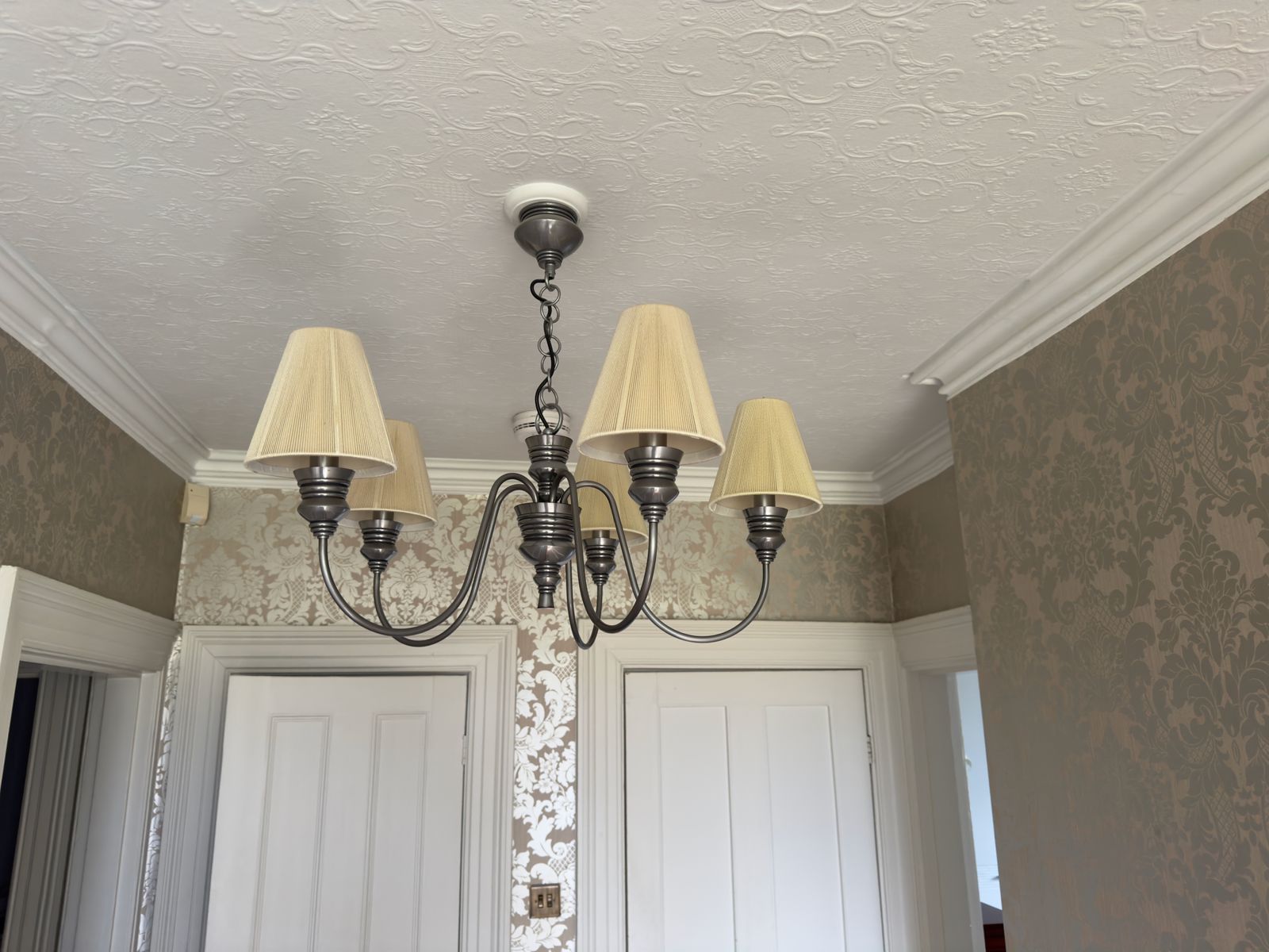 photo furniture David Hunt Doreen, A Pair Of 5 Light Pewter Chandeliers With Seamist Gold String Shade