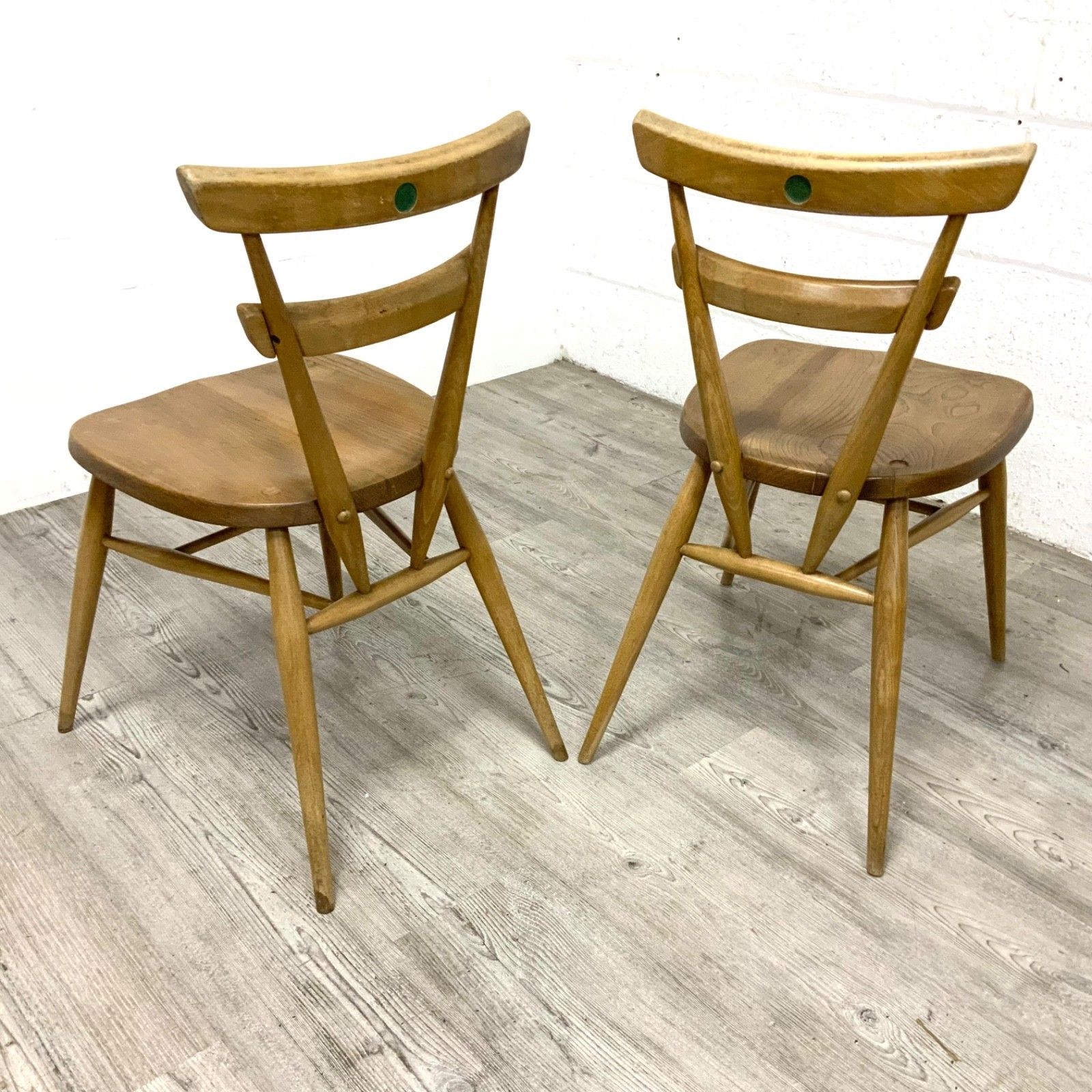 A Pair Of Ercol Model 461 “Green Dot” Adult Size Stacking Chairs 1960 photo vinterior