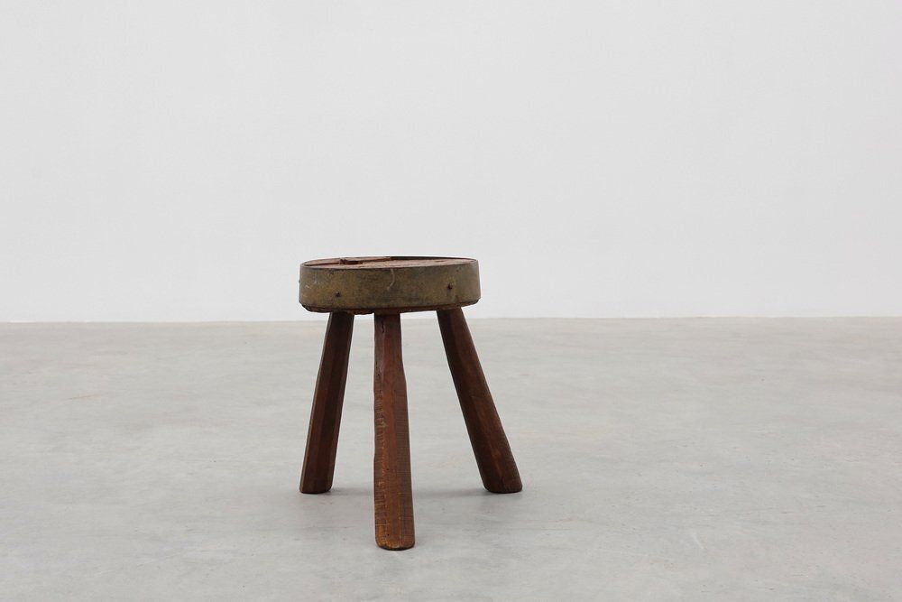 Brutalist French Oak Tripod Stool With Metal Rim, 1850s photo buy